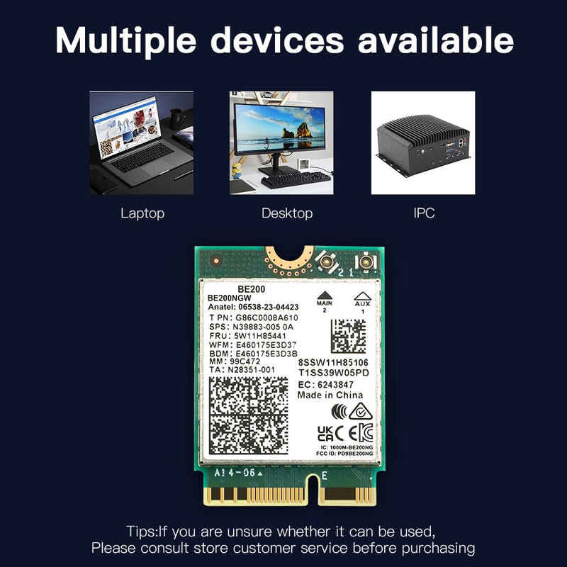 Teday BE200 Bluetooth 5.4 Wi-Fi 7 Card BE200NGW Desktop Kit 2.4/5/6 GHz 802.11BE 8774Mbps Wrieless Adapter for Windows 11 Desktop PC with Antennas Not Support AMD Motherboards