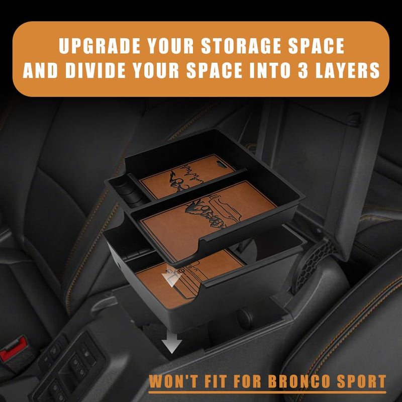 TripleAliners Center Console Organizer Compatible with 2021-2024 Ford Bronco Accessories 6th Gen Bronco 2/4-Door Center Console Storage Box ABS Material with Leather Trim(V2_Brown) V2_Brown