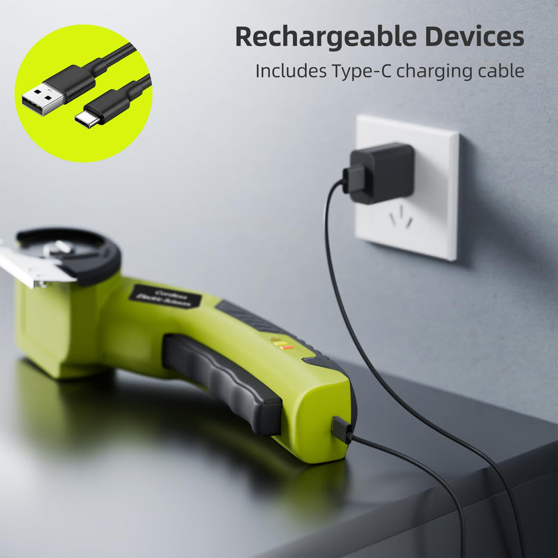 Cordless Electric Cutter, 4V Rechargeable Scissors Box Cutter with 2 Rotary Blades, USB Cable,Storage Bag, Safety Lock & LED Light, For Cardboard, Fabric, Plastic, Leather, Carpet, Packaging, DIY