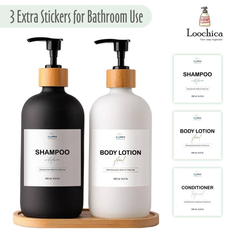 LOOCHICA 2 Pack Glass Soap Dispenser Set with Tray, Hand and Dish Glass Soap Dispensers for Kitchen Sink, Kitchen Soap Dispenser Set Suitable for Black and White Kitchen Decor A01-black/White With Bamboo Tray