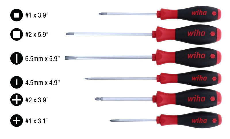 Wiha 30291 SoftFinish Grip ScrewDriver Set, Slotted 4.5-6.5mm, Phillips Number 1-2 and Square Number 1-2, 6-Piece Set 6 Pieces