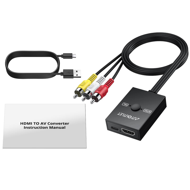 AUTOUTLET HDMI to RCA Converter 1080P HDMI to AV 3RCA CVBS Adapter | 1080P Video Audio Conversion, Supports NTSC PAL, Compatible with TV Stick Fire Stick Roku Apple TV Chromecast, Plug and Play