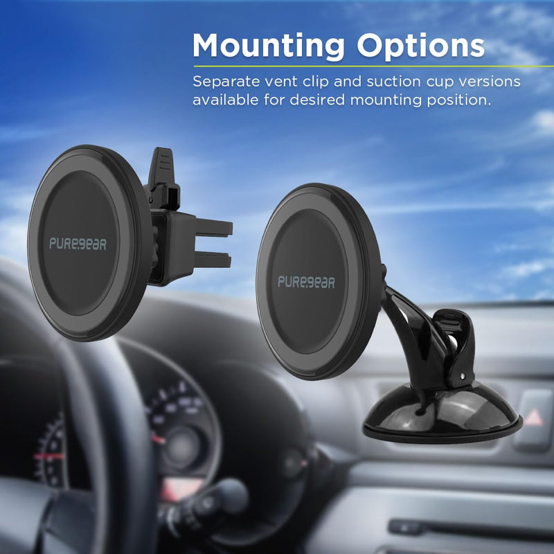 PureGear MagSafe Compatible Qi-Certified Fast Magnetic Wireless Round Car Charger for iPhone 17, Air,16,15, 15 Pro, 14, 14 Pro Max, 13, 12, Qualcomm Car Charger, Charging Cable, AirVentClip+Dash Mount
