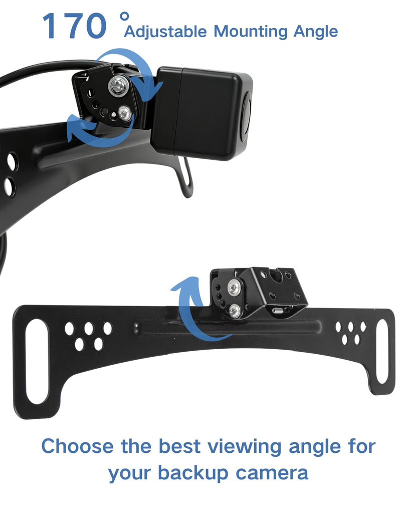 EWAY Universal Rear View Camera Bracket for License Plate, Stainless Steel | Anti-Rust Paint Backup Reverse Camera Holder, 170-Degree Adjustment, Full Accessories, 2 Low High Mounts for Narrow Space 1-pack