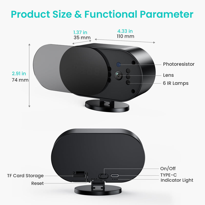 Hidden Camera Clock with 2 MP IR Night Vision WiFi 2000 mAh Motion Detection Spy Camera Portable for Home, Office