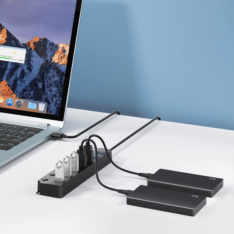 USB Hub 3.0, 7-Port USB Hub Splitter with Individual On/Off Switches and Lights, 3.2ft/1m Long Cable Compatible with MacBook, Laptop, Surface Pro, PS4, PC, Flash Drive, Mobile HDD Black