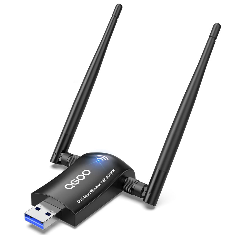 Wireless WiFi Adapter for Desktop PC - QGOO AC1300Mbps USB 3.0 Network Dongle with 5dBi High Gain Dual Antennas, Dual Band 2.4G/400Mbps 5G/867Mbps for Laptop Computer Compatible Windows11/10/8/7 AC-1300 black