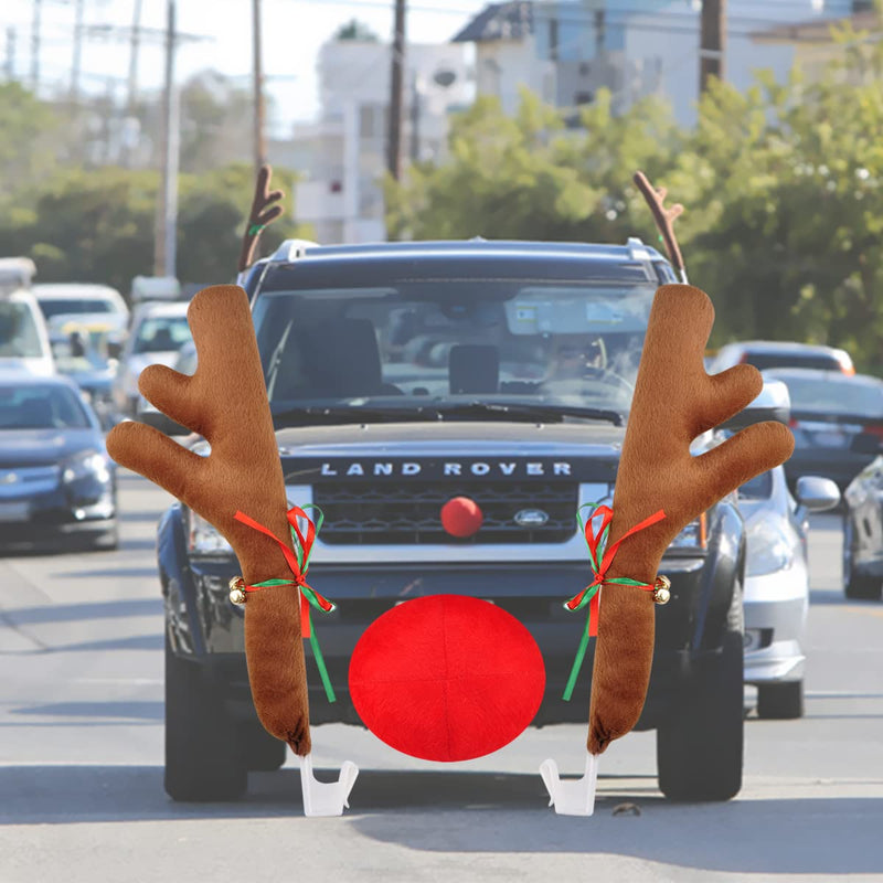 Christmas Reindeer Antlers & Nose for Car Auto Decoration, Cute Rudolph Reindeer Jingle Bell Added to Holiday Spirit(Large Size) 16 inch No Tail