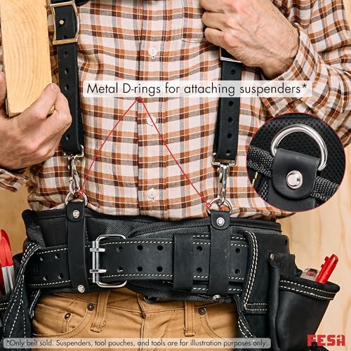 FESA Padded Leather Tool Belt with Back Support Have D-rings for Suspenders Black