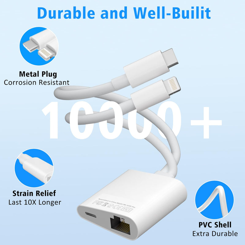 USB C to Ethernet Adapter,Apple MFi Certified Lightning to 10/100 Gigabit Ethernet Internet Adapter, 2 in 1 RJ45 LAN Network Dongle with PD Charging Prot for iPhone iPad Samsung Android MacBook Laptop