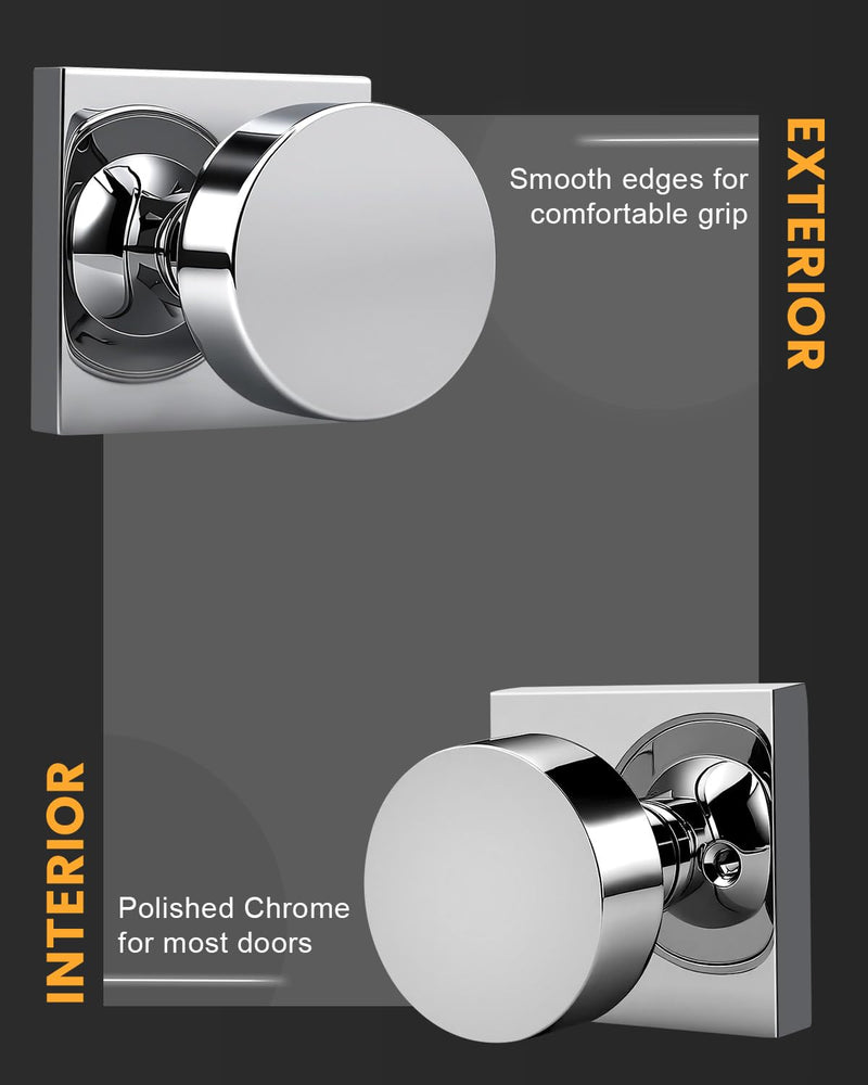 Gobrico Polished Chrome Privacy Interior Door Knob with Square Rosette(1 Pack), Heavy Duty Zinc Alloy Round Knob for Bedroom & Bathroom Interior Door Privacy (Lock Without Key) 1