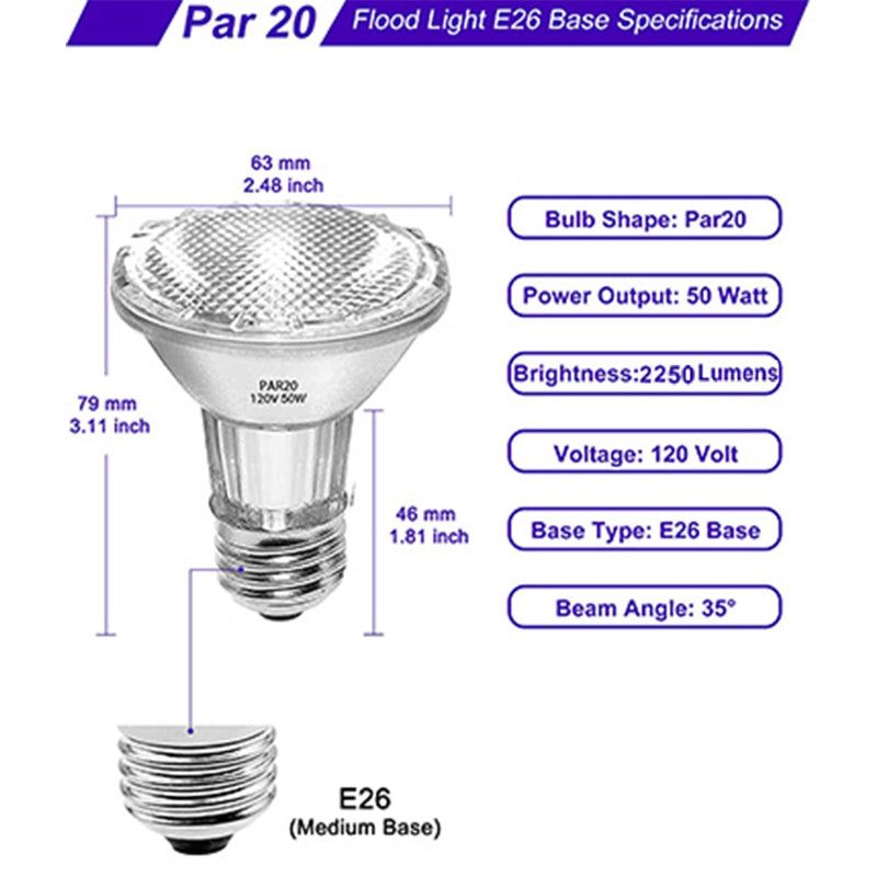 PAR20 Flood 50W 120V Bulbs, 6 Pack 50W Par20 Halogen Bulb 700 Lumens, Dmimable PAR20 E26 50 Watt 120V Eco Halogen Lightbulb Warm White 2700K Reflector for Track Lighting & Range Hood