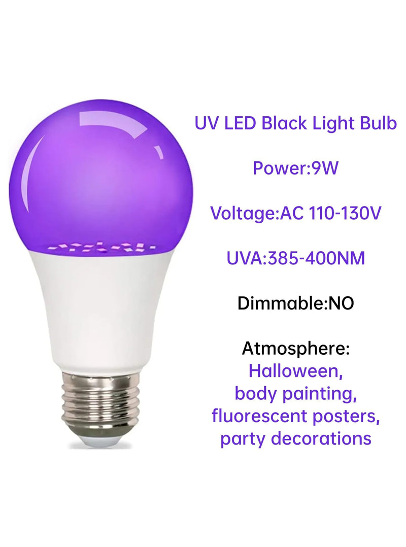 8-Pack LED Black Bulb, A19, UVA 385-400NM, 9W (100W Equivalent), E26 Head, Non-Dimmable, for Halloween Decorations, Glow Parties, Fluorescent Posters 8 Pack