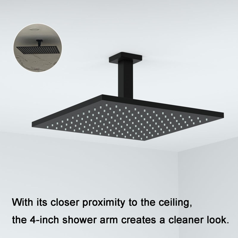 Matte Black Shower Arm with Flange Square Stainless Steel Ceiling Mount Shower Extension Arm Pipe for Shower Head, 4 inch Short Matte Black