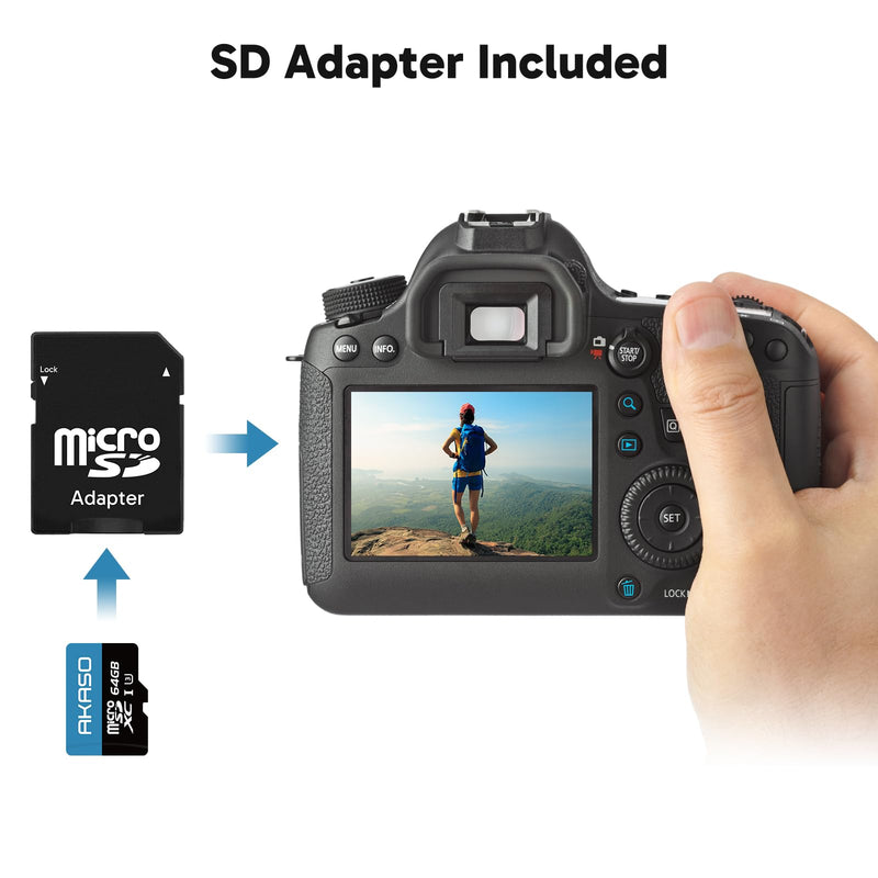 AKASO 64GB microSDXC U3 Memory Card - Up to 100MB/s, UHS-I C10, U3, Full HD, 4K UHD, MicroSD Card