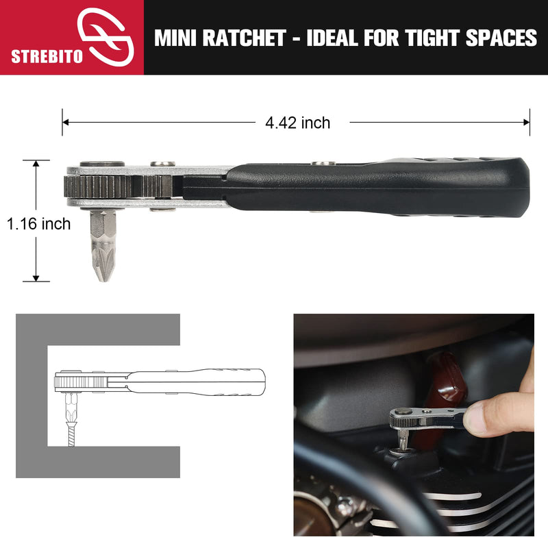 STREBITO Mini Ratchet Set, 22-Piece 1/4 Ratchet Right Angle Screwdriver, 36-Tooth Small Ratcheting Wrench Bit Ratchet For Tight Spaces, with Phillips, Slotted, Torx, Hex, Square and Adapter for Socket 22 in 1