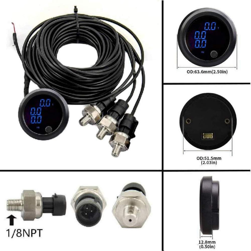 Three Display Pressure Air Pressure Gauge 290 PSI Air Pressure Gauge Kit- for Air Ride Suspension Systems -2Inch 0-290PSI with 3Pcs 1/8NPT Sensors Blue Display for Car & Truck 3 Blue Three Display