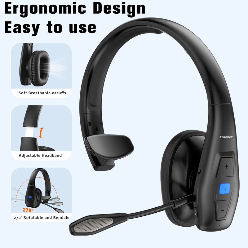 Conambo Bluetooth Headset V5.1, Trucker Bluetooth Headset with CVC8.0 Dual Mic Noise Canceling & Mute Button & 60 Hrs Workingtime Wireless On-Ear Headphones for Trucker Home Office Work Cell Phones