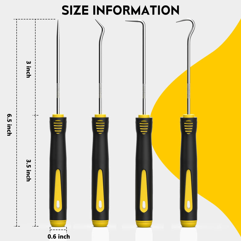 Precision Hook and Pick Set, 4-Piece Automotive O Ring Pick Set, Mechanic Pick Tools with Ergonomic Handle, Knurled Shaft for Automotive, Electronics, Gunsmith Tools