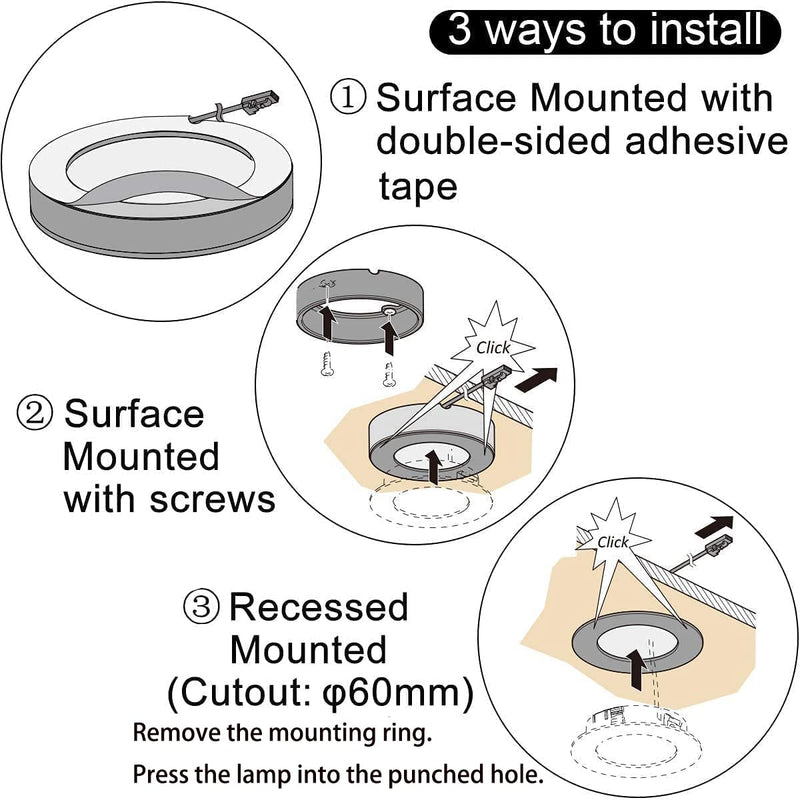 VST Under Cabinet Lights Plug in with Wired Touch Dimmer Switch,Recessed or Surface Mount,Natural White 3000K 12V 2W(12W Total, 60W Equivalent),6 Pack White Puck Lights Fixtures White 6 Pack
