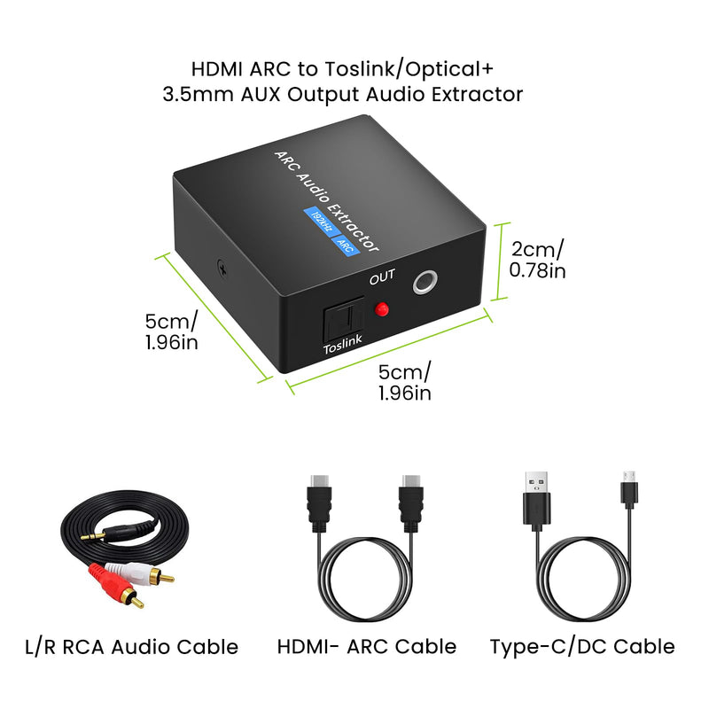 192KHz ARC Audio Extractor, HDMI ARC to Toslink/Optical+3.5mm AUX Output, HDMI to Optical Audio Adapter with 3.5mm RCA Cable, ARC to RCA Audio Converter for TV Amplifier Speaker/Soundbar/Headset