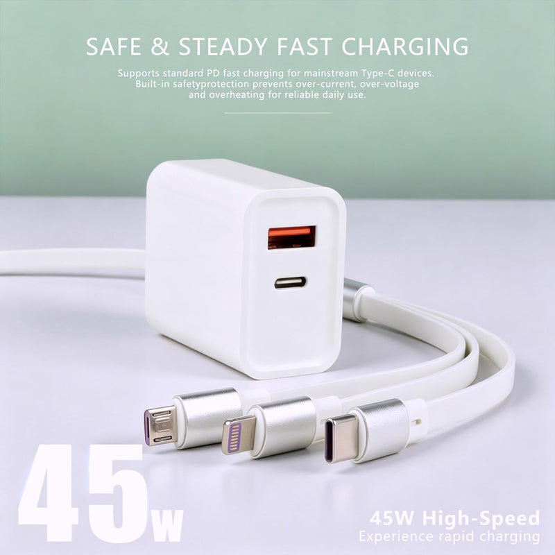 PD 45W USB Dual Port charger with 3-in-1 Retractable Cable | Dual USB-C and USB-A ports for controllers, gaming headsets, USB-C handheld consoles and everyday mobile devices