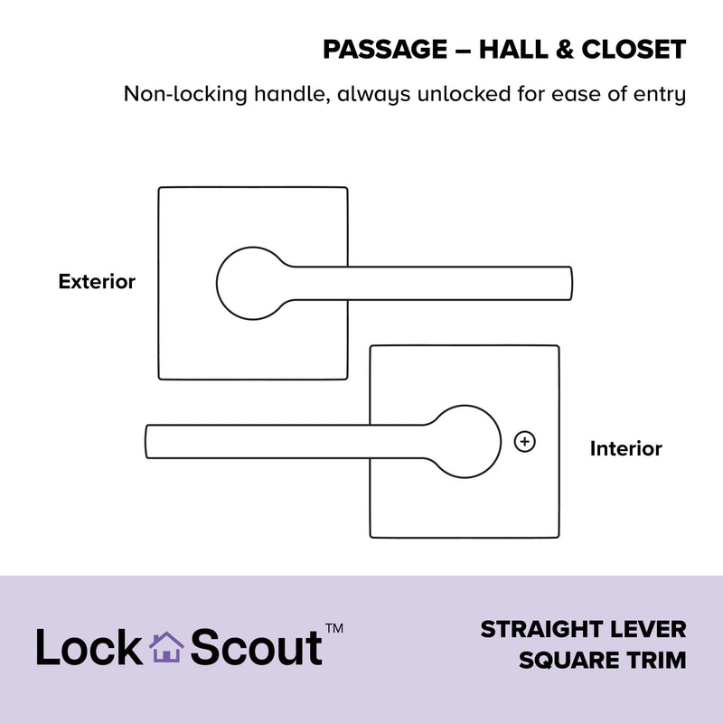 Straight Lever with Square Trim Hall and Closet Door Handle, Matte Black Finish