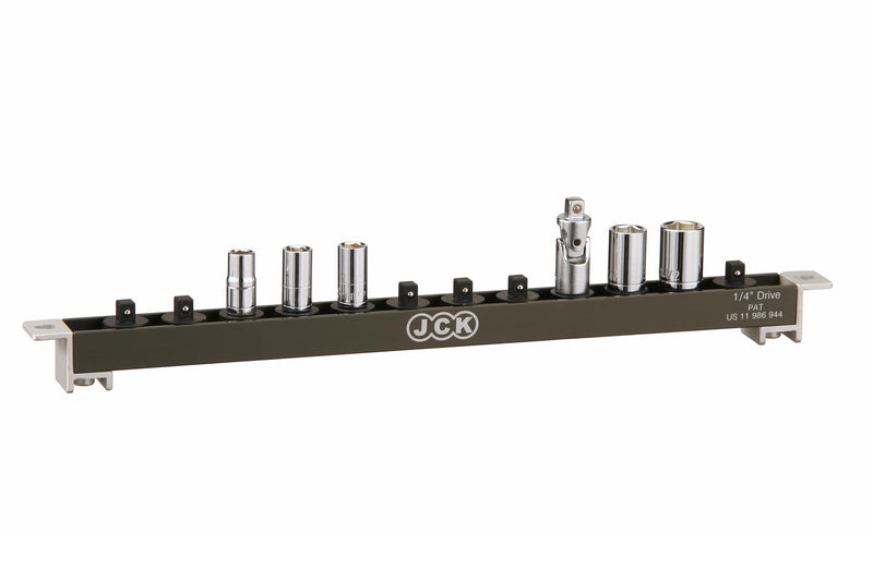 JCK 1/4" Aluminum Socket Holder Tray, 360° Swivel Tool Organizer Rail Kit for Tool Box, Wall Hanging, Premium Quality and Lightweight, 12 Clips, Brass Screw Series 1/4" Drive Socket Holder