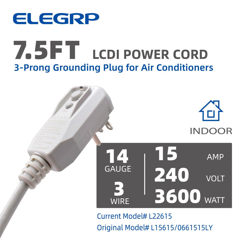 ELEGRP L22615 240V 15A 3600W 14AWG LCDI Power Cord Plug 60Hz NEMA 6-15P for A/C Air Conditioner, E250451 UL Certified, 7.5FT Leakage Current Detection Interrupter Replacement 0661515LY L15615 (1 Pack)