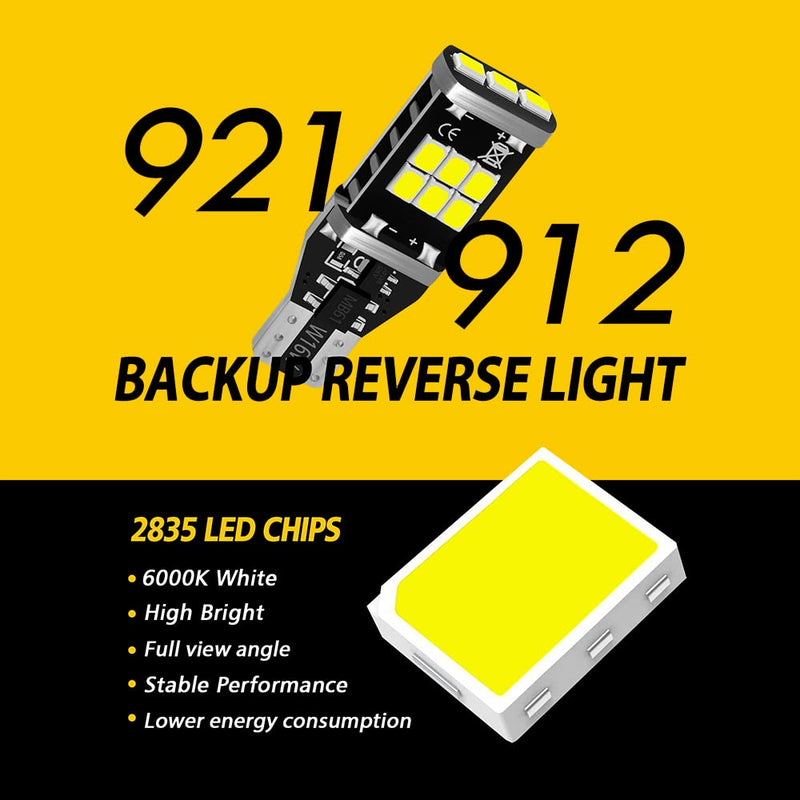 AUXLIGHT 921 912 906 904 T15 W16W 921A Error Free Back Up Reverse 3rd Brake Center High Mount Stop Light Bulbs, Super Bright High Power 6000K Xenon White replacement for Cars, Trucks, RVs (Pack of 2)