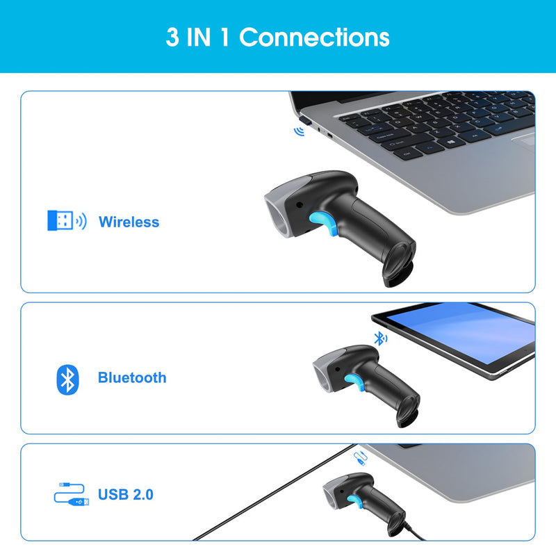 Sumicor Bluetooth Wireless Barcode Scanner with Stand, Handfrees Automatic Scanning & Manual Trigger Hand Barcode Scanner Gun, 1D 2D QR Code DM Scanner Work with Smart Phone, Tablet, PC 2D Bluetooth Wireless