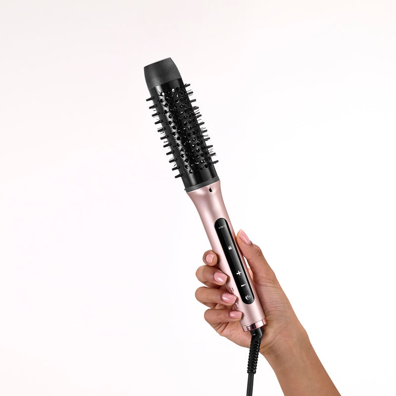 BaByliss Volume Boost Thermal Hot Brush - 38mm Barrel Heated Curling Brush, Ionic Frizz-Control, 4 Heat Settings, Multi-Voltage, Pink/Black, HSB200U Non-Rotating