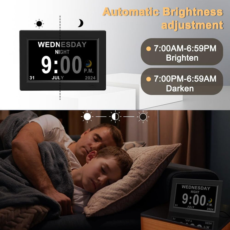 CAZOKASI 8inch Extra Large Impaired Vision Digital Alarm Clock with Day and Time for Elderly Calendar Clock Auto Dimmable Clock 8inch Black