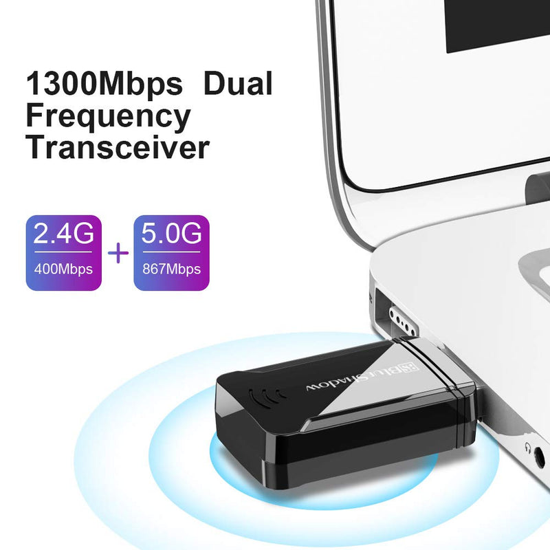 Blueshadow AC1300 USB WiFi Adapter - 2.4G/5G Dual Band Wireless Network Adapter for Desktop Computers PC, MU-MIMO WiFi Dongle, USB 3.0, Supports Windows 11, 10, 8.1, 8, 7, XP/MAC OS 10.5-10.15