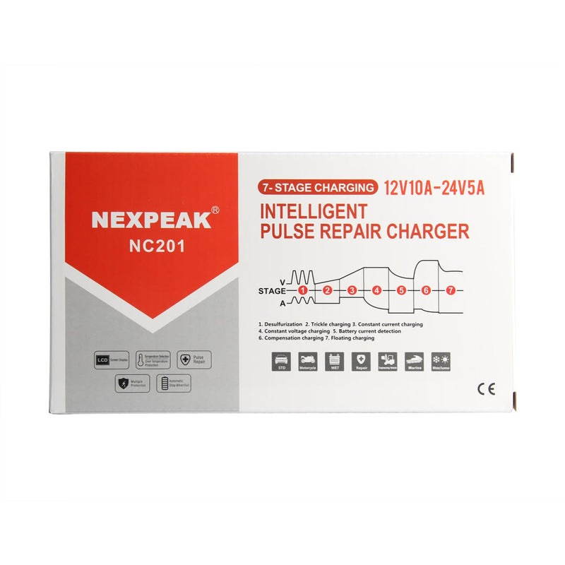 NEXPEAK NC201 10-Amp Battery Charger, Smart Trickle Charger 12V 24V Car Battery Charger Fully Automatic Maintainer Desulfator w/Temp Compensation for Car Truck Lawn Mower Boat Marine Batteries