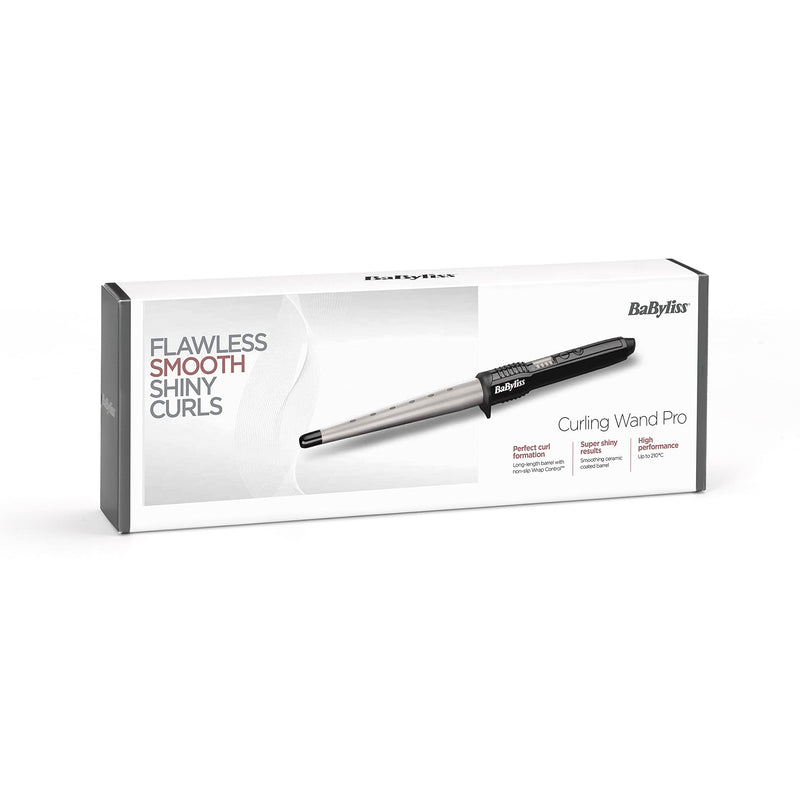 BaByliss Ceramic Curling Wand Pro - 13-25mm Hair Curler for Natural Waves and Curls, Ceramic, 5 Heat Settings 150°C to 210°C, Grey & Black, 2285CU