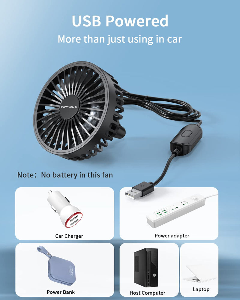 TriPole Car Fan USB Fan for Car Vent Powerful 3 Speed Car Cooling Clip Fan with Quiet Brushless Motor 360 Degree Rotatable Portable Fan for Car Vehicle, Van, Truck, SUV, RV