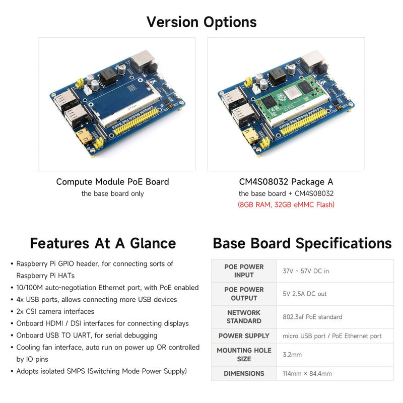 Waveshare Power Over Ethernet PoE Board for Raspberry Pi Compute Module CM3/ CM3L/ CM3+/ CM3+L