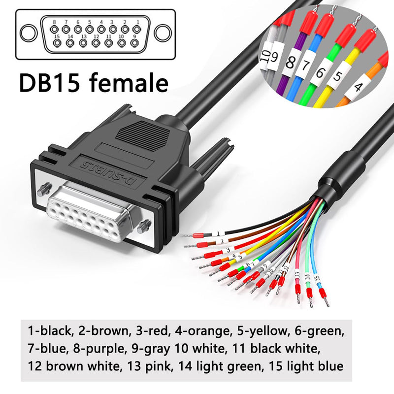 DB15 Female to Bare Wire with Cable Marker 3.3ft,D-SUB 15-Pin Connector to Bare Wires End Open Cable,DB15 Cable 15 Wires All Provided with Wiring Terminals -Black DB15 female with cable marker 3FT