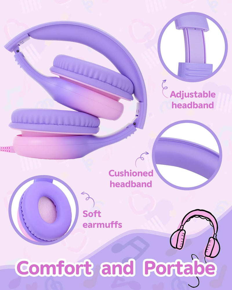 USB C Over Ear Kids Headphones with HD Mic, Safe Volume Limited Wired Headphones for School, Travel, Stereo Sound, Foldable Headphones for iPad, Laptop, PC, Purple-Pink