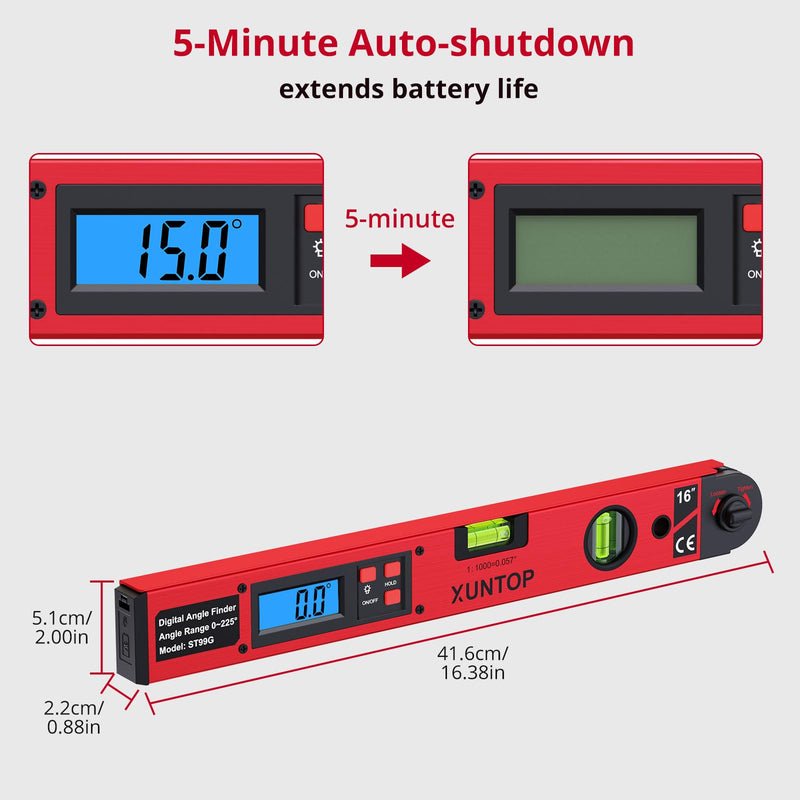 XUNTOP 0-225°/0.5° Digital Angle Finder 16” Aluminum Angle Measuring Tool with Horizontal&Vertical Bubbles Digital Protractor with LCD Display for Woodworking, Construction, Machinery