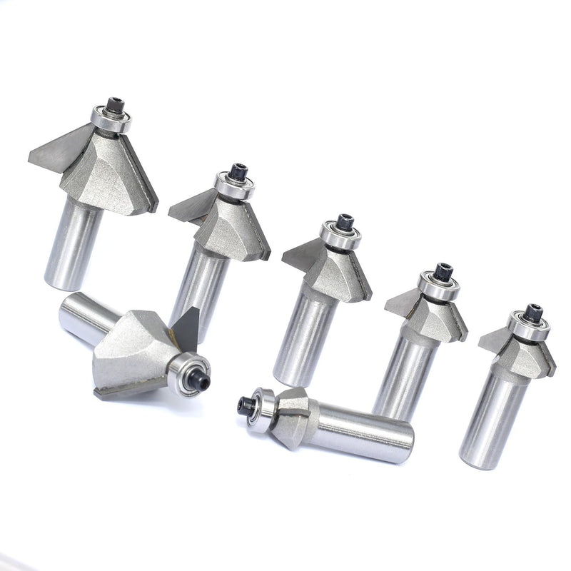 7Pcs 45 Degree Chamfer Router Bit Set,1/2" Shank,1/4",5/16",3/8",1/2",5/8" 3/4" and 7/8" Bevel Length,Eased Edge Cutter with Ball Bearing for Wood Chamfering,Bevelling,Profiling,Edging 7 Piece Set (1/4"-7/8")