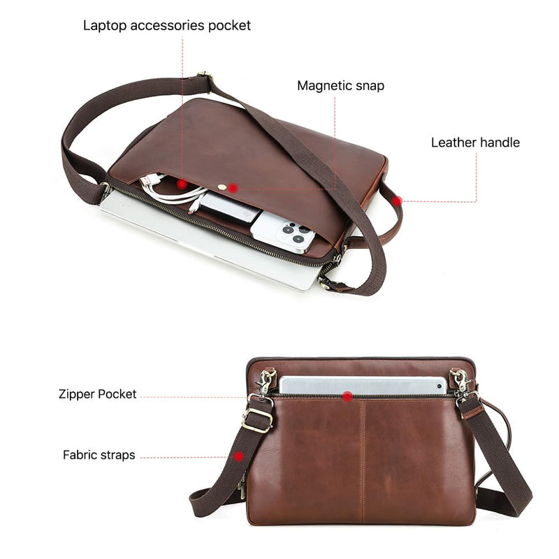 Hiram Laptop Shoulder Bag Handmade Crazy Horse Leather Briefcase Lightweight Computer Bag Coffee