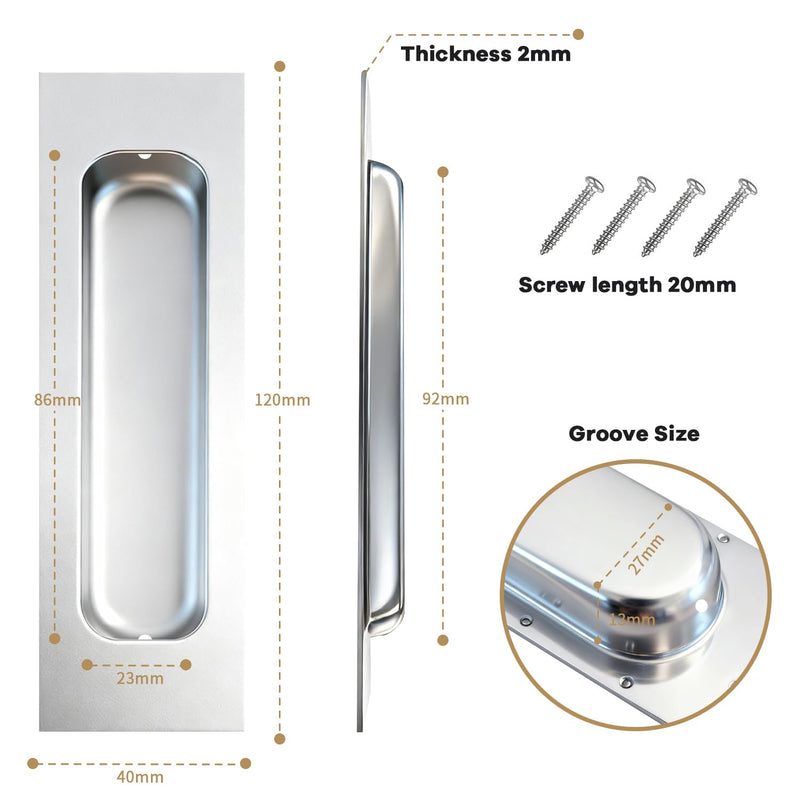 Lethato Brushed Silver Pocket Door Hardware Set, 6 Recessed Flush Finger Pull 3 Edge Pull, Stainless Steel Pocket Door Pull Rectangular Barn Door Hardware Door Handle - 3 Pack 3 Sets with Pull - Brushed Silver