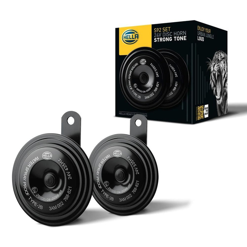 HELLA 002768821 Black 92mm 24V Disc Horn Kit (Universal Fit) High & Low Tone / 24 V
