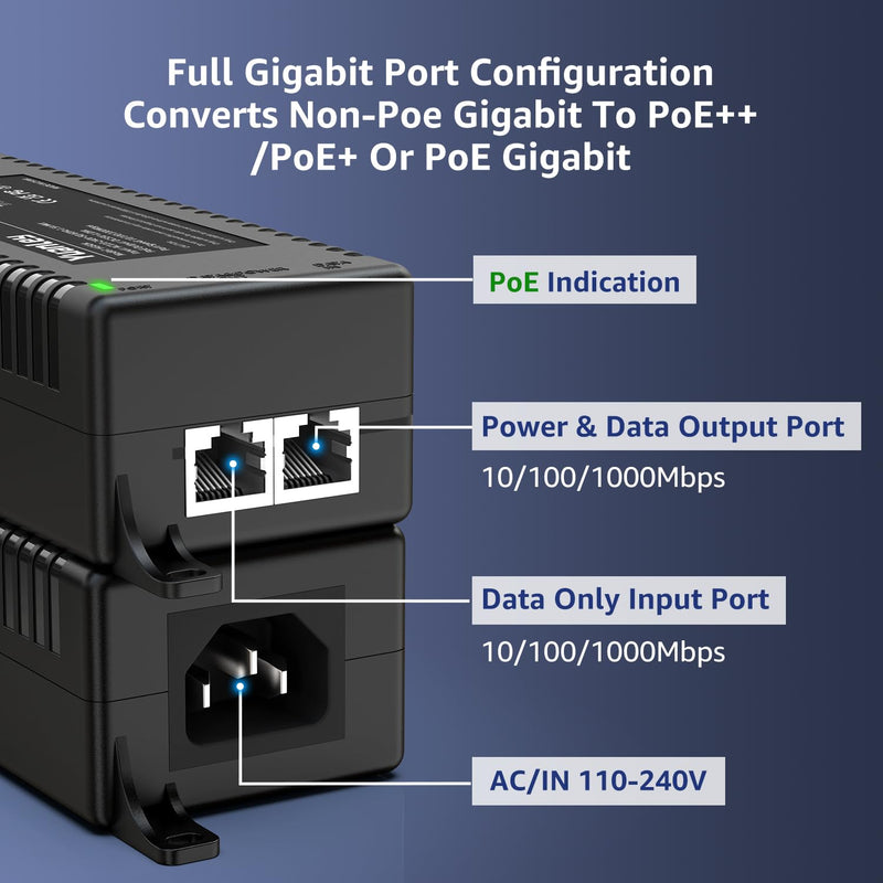 YuanLey Gigabit PoE Injector 60W, PoE++ Injector Converts Non-PoE to PoE++ Network, IEEE 802.3at/af, 10/100/1000Mbps PoE Adapter, Distances Up to 325 Feet, Plug & Play, Wall-Mounted 60W | Gigabit