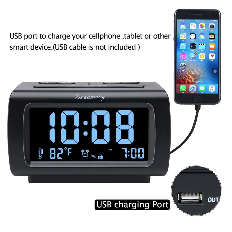 DreamSky Alarm Clock Radios for Bedrooms with Battery Backup, Large Big Numbers with Dimmer Wheel, USB Port, Bedside Digital FM Radio with Sleep Timer, Temperature, Adjustable Volume, Snooze Black