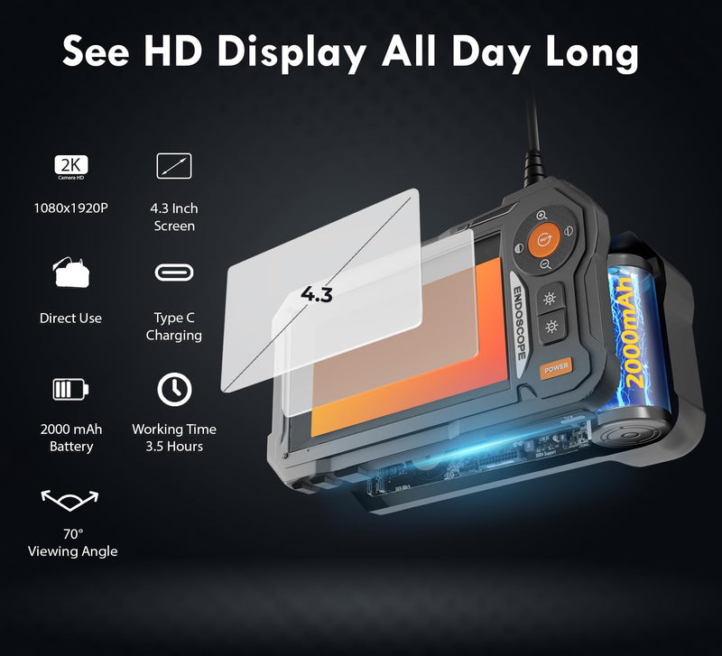 Endoscope Camera with Light, 4.3" IPS Screen, 16.4 Ft Semi-Rigid IP67 Borescope Camera with Light, 1080P Inspection Camera with 8 LEDs, No App Needed, Waterproof Drain Camera, Cool Gadget for Men 16.4 Ft Long Camera Wire