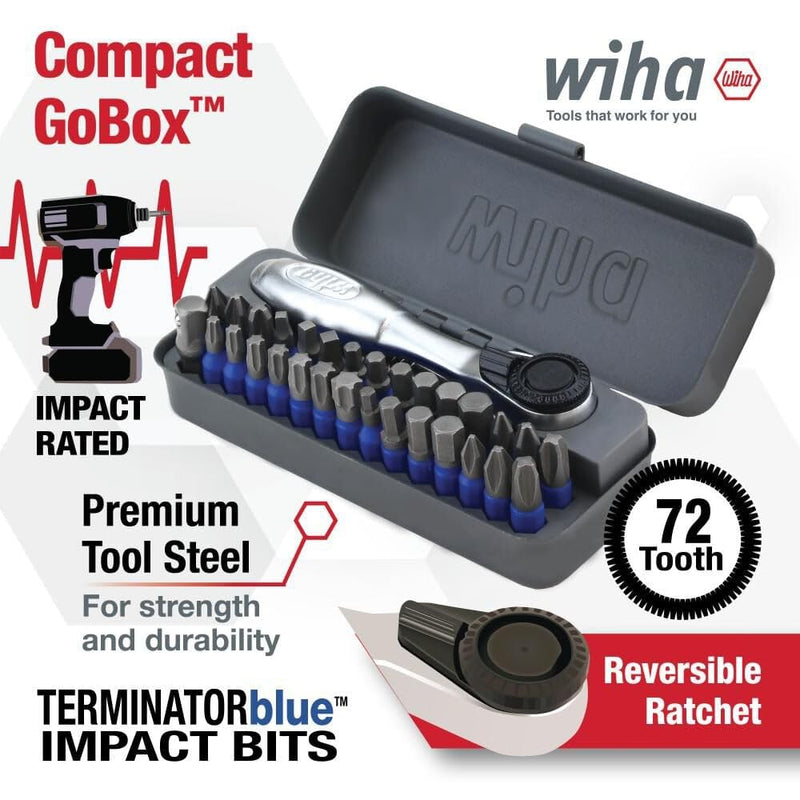 Wiha 76889 32 Piece GoBox TerminatorBlue Impact Bit Set with Mini Ratchet Impact + Mini Ratchet Set, 32 piece