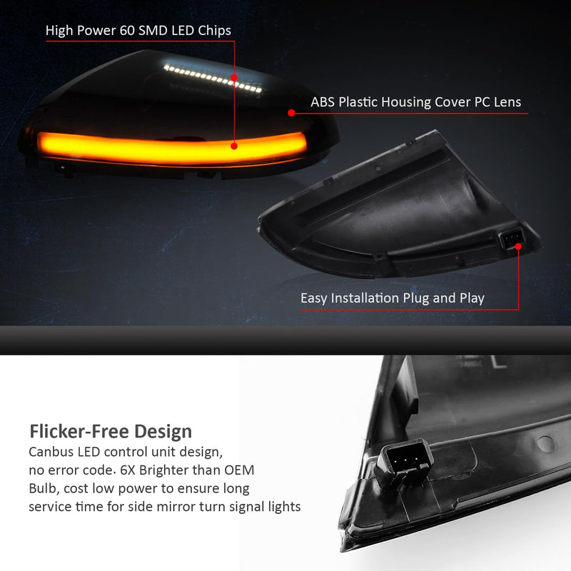 D-Lumina Sequential LED Side Mirror Turn Signal Lights Smoked Lens Puddle Light Assembly for Dodge Ram 1500 2009-2018, Ram 2500 3500 2010-2018, Dynamic Indicator Strip Mirror Marker Lamp, Pack of 2 Smoked Cover Sequential Amber ＆ White